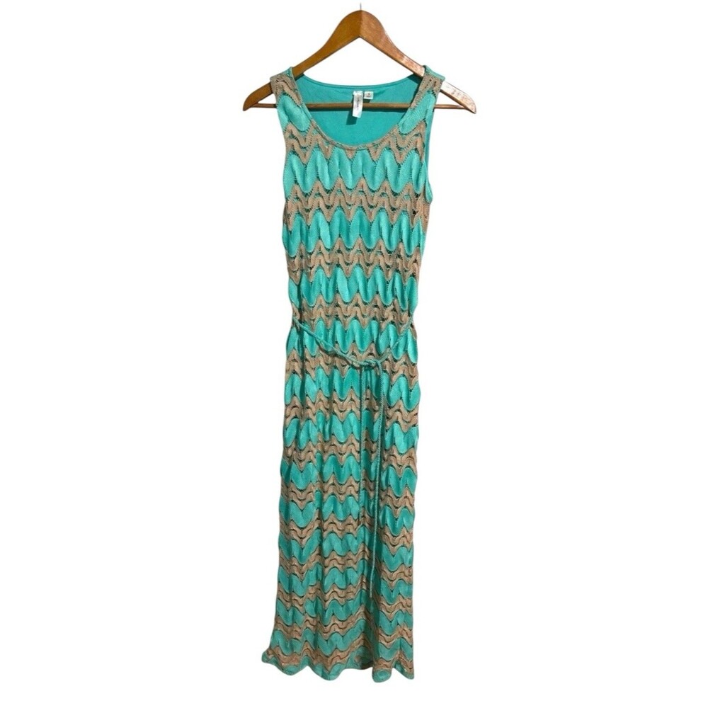 Tacera Women’s Maxi Dress Small Turquoise Brown Chevron Sleeveless Boho Beach